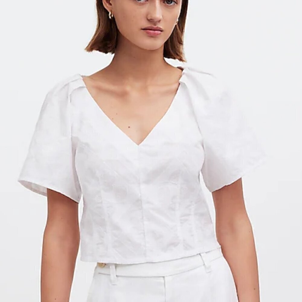 Madewell White V-Neck Short Sleeve Linen-Blend Top